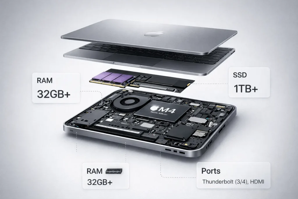 Exploded view of Apple MacBook Pro with M4 Apple Silicon showing recommended configuration for video editing, including 32GB RAM, 1TB SSD, Thunderbolt and HDMI ports.