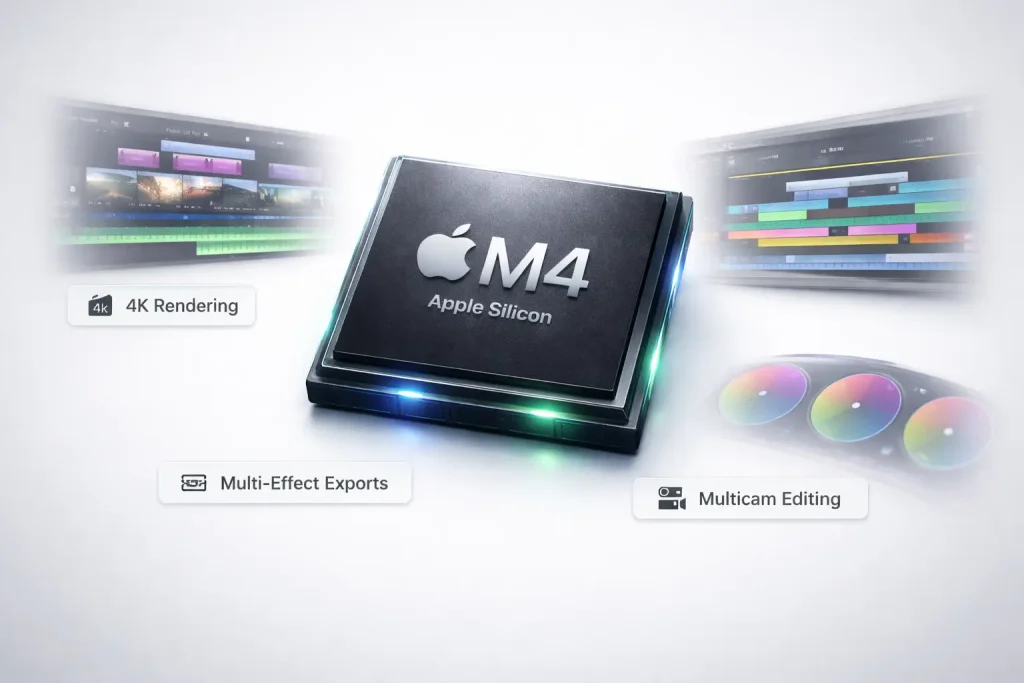 How the Apple M4 chip handles demanding video editing tasks: 4K rendering, complex effects, and multicam streams