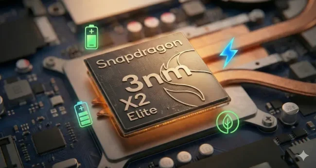 Extreme macro photography of Snapdragon X2 Elite Extreme chip showing 3nm architecture with glowing golden circuits and floating battery icon lightning bolt and green leaf symbols representing efficiency