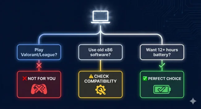 Decision tree flowchart showing three paths for Snapdragon X2 Elite buyers: play Valorant League leads to not recommended, use old x86 software leads to check compatibility, want 12 plus hours battery leads to perfect choice