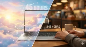 Split screen laptop comparison showing Snapdragon X2 Elite Extreme 45 hour marketing claim on dreamy left side versus 12-15 hour real-world battery in coffee shop setting on right side