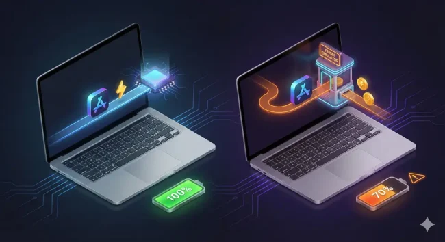 Visual metaphor comparing native Arm apps with direct path to Snapdragon chip showing 100% battery versus emulated x86 apps passing through Prism Emulator toll booth paying extra energy with 70% battery