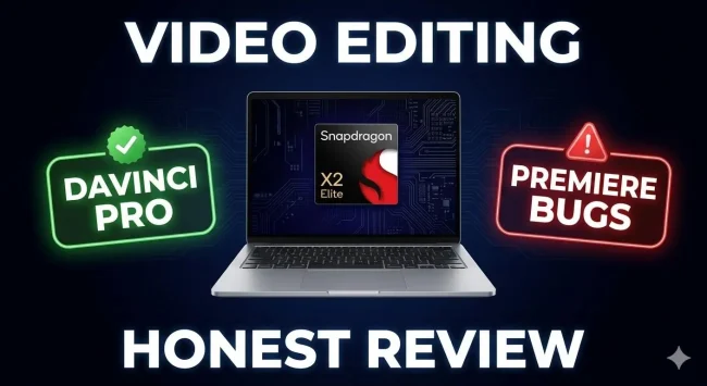 Centered composition of a premium silver Snapdragon X2 Elite laptop floating in dark space. Two glowing badges float on either side: left side green badge with checkmark reading "DAVINCI PRO" in white text, right side red warning badge reading "PREMIERE BUGS" in white text. Dark navy to black gradient background with subtle circuit patterns. Cinematic studio lighting, 3D render style, ultra sharp, 8K resolution, professional product photography, minimal design, YouTube thumbnail quality, bold text readable at small size. Top overlay text "VIDEO EDITING" and bottom text "HONEST REVIEW" in bold white with subtle glow.