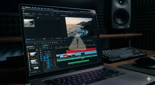 Snapdragon X2 Elite laptop screen showing Adobe Premiere Pro timeline with subtle ghost warning symbol, representing ongoing export bugs
