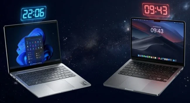 Snapdragon X2 Elite laptop vs MacBook Pro with floating digital timers showing 22 minutes 6 seconds versus 9 minutes 43 seconds for 4K video export comparison
