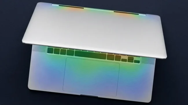 Top-down view of thin Snapdragon X2 Elite laptop with subtle heat map overlay showing thermal distribution during 4K video export