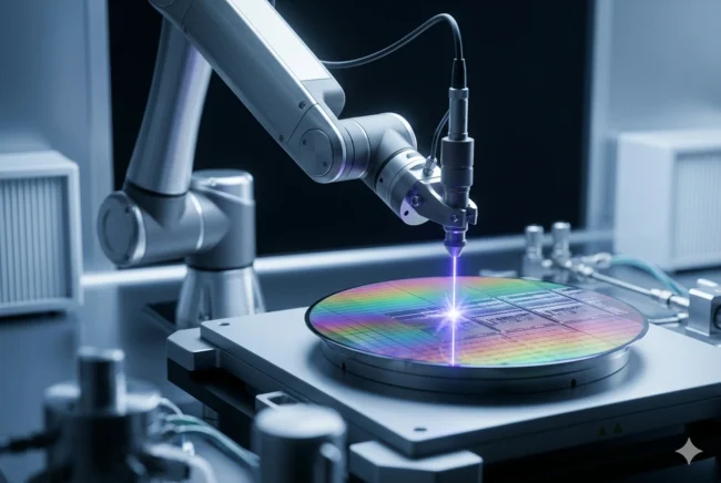 Futuristic 2nm silicon wafer being processed in a semiconductor cleanroom, representing the high cost of Snapdragon Gen 6 Pro production