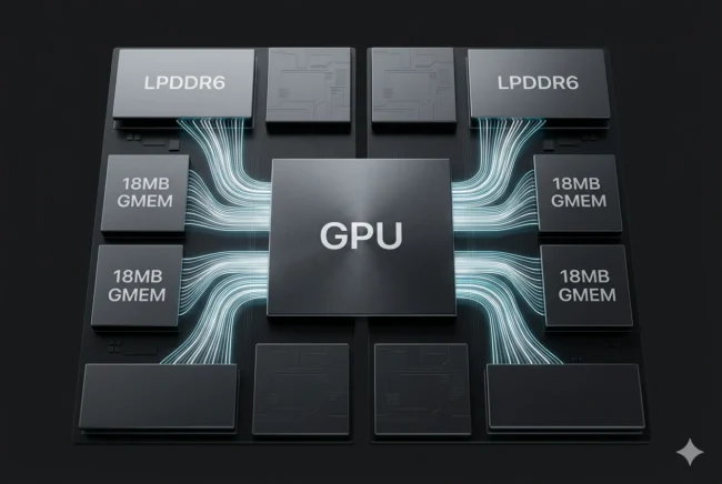 3D structural render showing the Adreno 850 GPU linked to 18MB GMEM and ultra-fast LPDDR6 memory banks