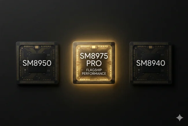 A visual comparison of the 2027 Snapdragon 8 Elite Gen 6 variants, highlighting the SM8975 Pro as the superior choice