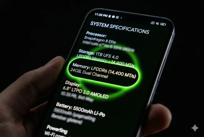 Close-up of a 2027 smartphone specification sheet highlighting LPDDR6 as the key indicator for the Snapdragon 8 Elite Gen 6 Pro