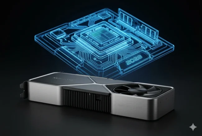 A pristine NVIDIA RTX 50 Series graphics card in sharp focus against a dark background, with a faded futuristic GPU concept in the distance.