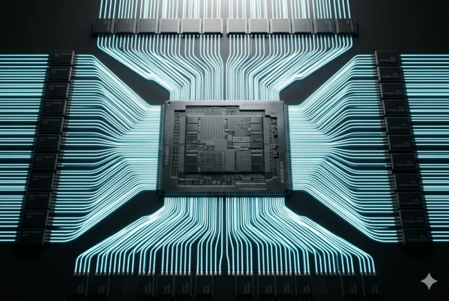 Macro X-ray style render of the RTX 5090 Blackwell GPU die, highlighting the massive 512-bit memory bus pathways.