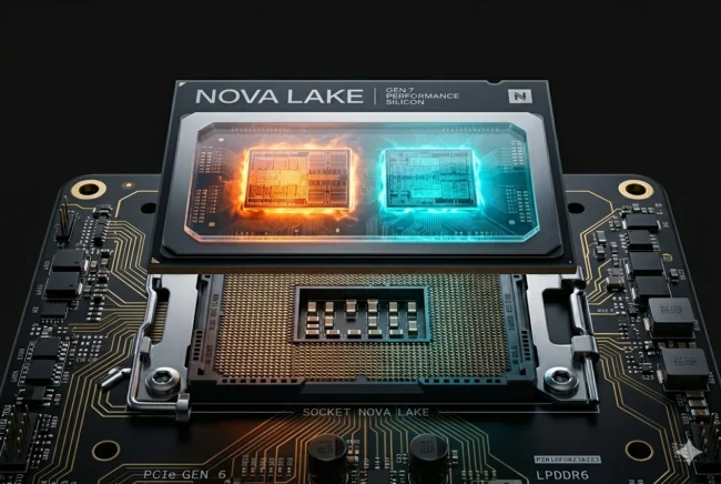 Concept render of the massive 52-core Intel Nova Lake CPU hovering over the new LGA 1954 motherboard socket.