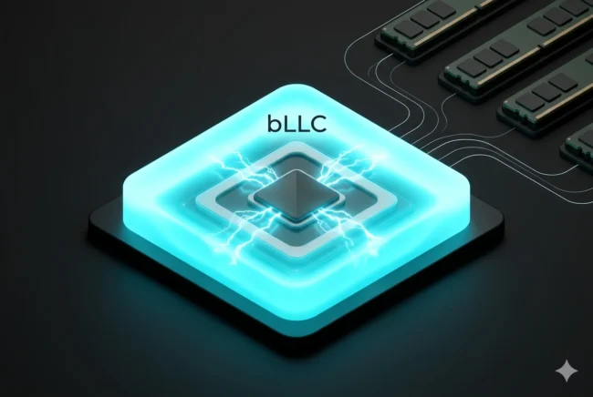 Technical visualization demonstrating the low latency of Intel's bLLC cache compared to traditional DDR5 system memory.