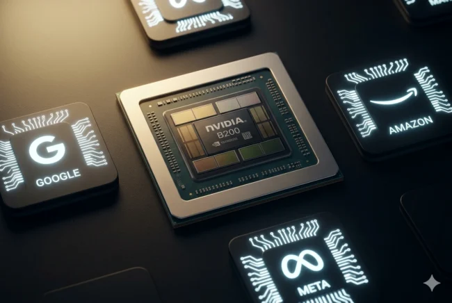 A central NVIDIA Blackwell chip surrounded by the custom AI silicon designs of Google, Amazon, and Meta in a dark, high-tech setting.