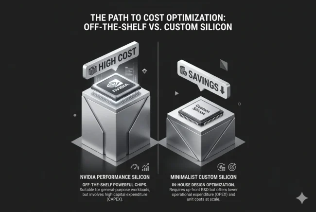 Infographic comparing the high cost of NVIDIA H100 GPUs versus the long-term savings of custom in-house AI chips.