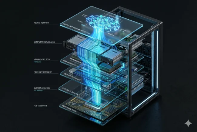 3D technical diagram of a vertically integrated AI server stack, showing the direct connection between AI models and custom silicon.