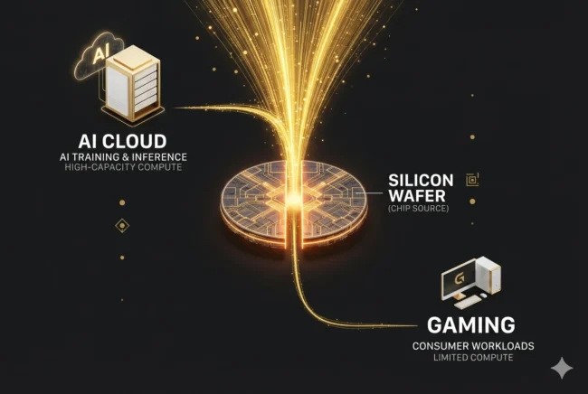 Infographic showing NVIDIA's silicon allocation favoring AI datacenters over gaming GPUs in 2026.