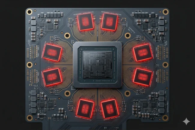 Macro view of a GPU circuit board highlighting the GDDR7 memory modules as the primary production bottleneck
