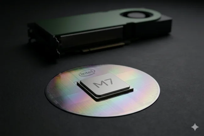 An Apple M-series silicon chip resting on an Intel Foundry wafer, symbolizing the new manufacturing alliance threatening NVIDIA.