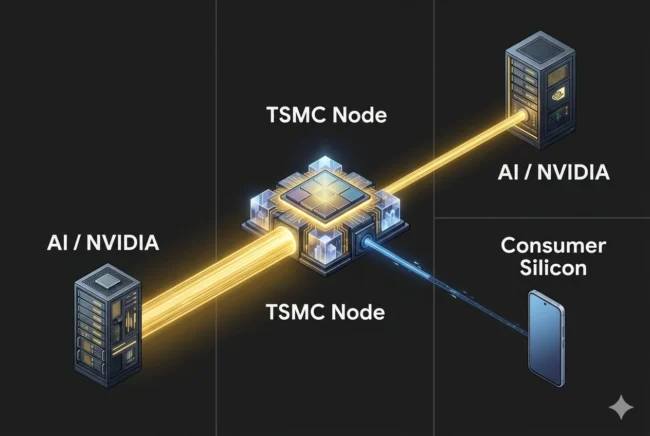 Conceptual diagram visualizing TSMC's 2nm capacity being monopolized by AI datacenters, causing supply constraints for consumer devices