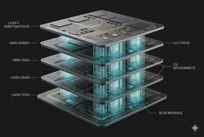 Exploded 3D macro render of Intel Foveros advanced packaging, showing vertical chiplet stacking and high-bandwidth memory integration.