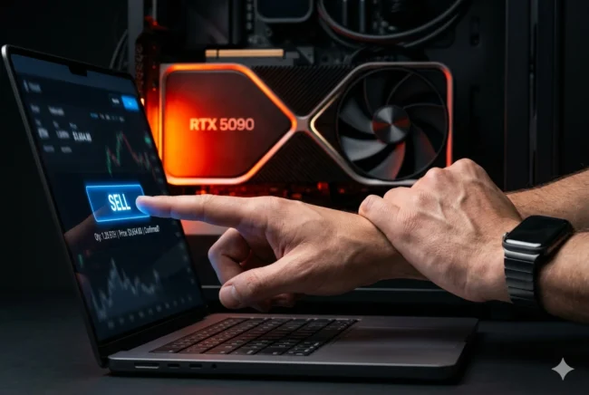 A hand stopping the sale of a GPU on a website, with a futuristic NVIDIA Blackwell card glowing in the background.