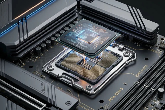 High-end AM5 motherboard socket receiving the next-generation Zen 6 processor, highlighting cross-generation compatibility.