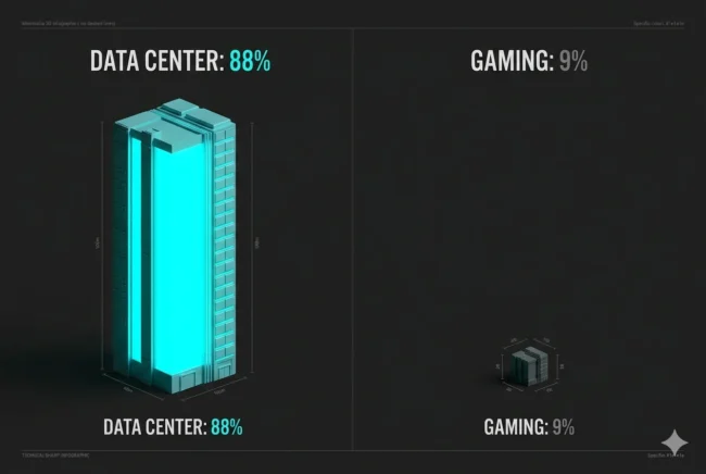 Infographic illustrating NVIDIA's 2026 revenue split, heavily dominated by data centers over consumer gaming.