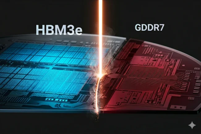 Macro view of a silicon wafer highlighting the global memory shortage prioritizing HBM3e for AI over GDDR7 for gaming.