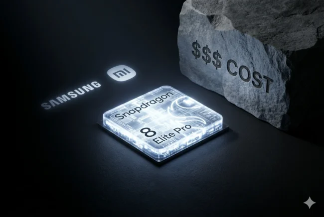 Concept visual showing the struggle between Samsung, Xiaomi, and the rising costs of Qualcomm's Snapdragon 8 Elite Gen 6 Pro.