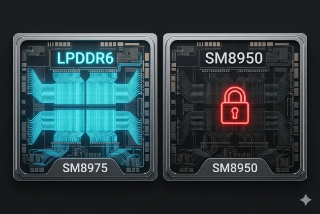 Technical diagram showing the memory and cache differences between the Snapdragon 8 Elite Gen 6 Pro and the Standard SM8950 variants