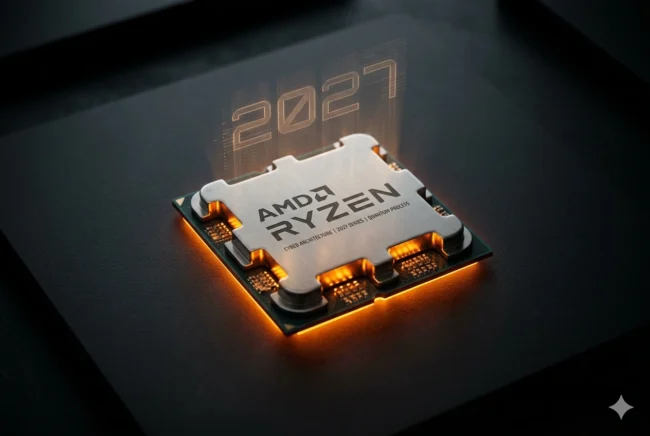 Concept render of the delayed AMD Zen 6 Olympic Ridge processor glowing with amber warning lights against a dark background.