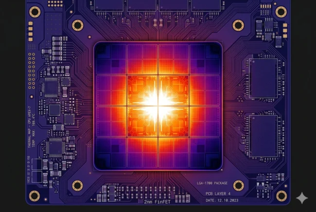 Thermal map visualization of a dense 12-core Zen 6 CCD showing intense localized heat generation