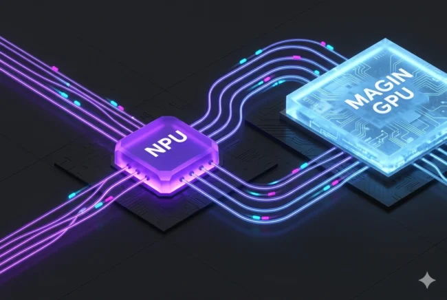 Technical diagram showing the MediaTek Magin GPU's Neural Shader Scheduler utilizing the NPU for highly efficient rendering.