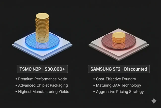 Financial infographic comparing the extreme $30,000 cost of a TSMC 2nm wafer against the discounted Samsung Foundry alternative.