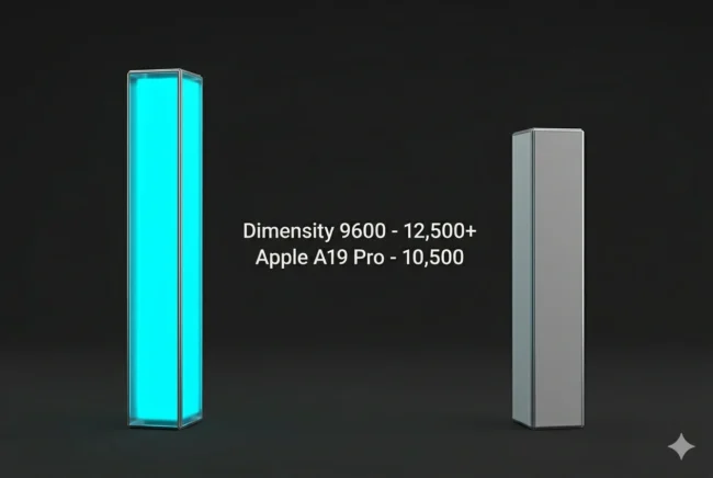 Bar chart showing the Dimensity 9600 achieving a 12,500 multi-core score compared to the Apple A19 Pro's 10,500 score.