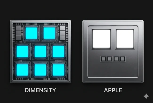 Architectural diagram comparing the 8-core "All-Big" layout of the Dimensity 9600 against the 6-core layout of the Apple A19 Pro.