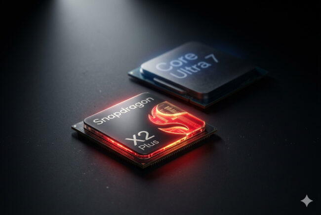 A visual comparison showing the Qualcomm Snapdragon X2 Plus outperforming the Intel Core Ultra 7 processor in the 2026 laptop market