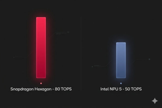 Bar chart infographic comparing the 80 TOPS NPU of the Snapdragon X2 Plus against the 50 TOPS NPU of the Intel Core Ultra 7.