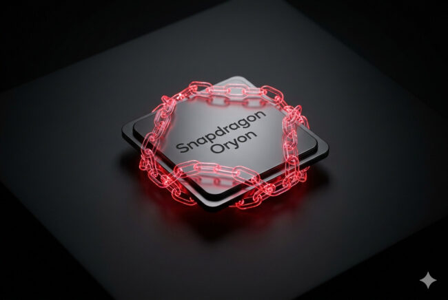 A conceptual visualization of a Qualcomm Snapdragon Oryon processor locked in chains, representing the ARM architectural license dispute