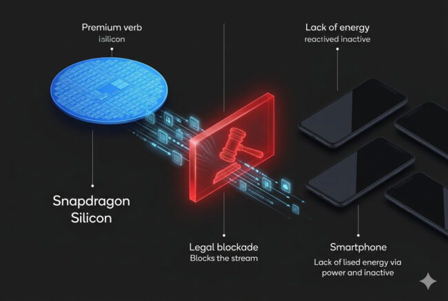 Technical infographic showing how an ARM ban on Qualcomm would disrupt the supply chain for premium Android smartphones.