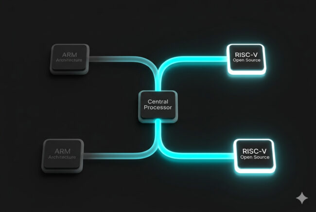 3D structural diagram illustrating Qualcomm's potential architectural shift from the ARM instruction set to the open-source RISC-V architecture