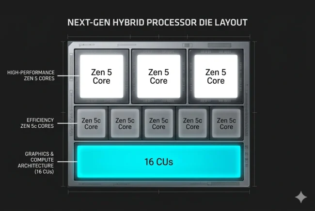 Architectural die diagram of the AMD Ryzen Z2 Extreme APU showing the 3+5 core configuration and 16 RDNA 3.5 compute units.