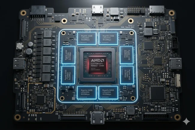 Extreme macro shot of the ROG Ally 2 motherboard highlighting the 64GB LPDDR5X memory modules surrounding the Ryzen Z2 Extreme APU.