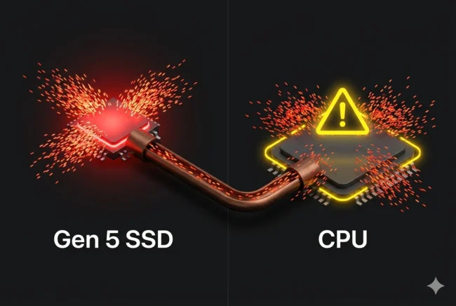 Technical diagram showing how extreme heat from a PCIe 5.0 SSD travels through shared laptop heat pipes to cause CPU thermal throttling.