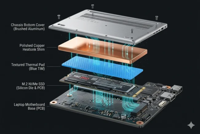 Exploded 3D macro render showing the installation of a copper thermal shim and thermal pads to cool a laptop PCIe 5.0 SSD.