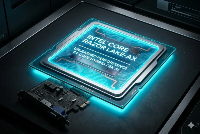 Concept visual of a massive Intel Razor Lake-AX processor overshadowing and replacing a small budget discrete graphics card.