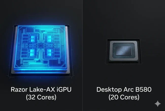 Technical die size comparison showing the Razor Lake-AX integrated GPU is physically larger than the desktop Intel Arc B580 discrete GPU.