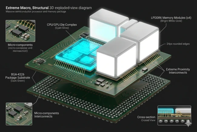Macro exploded-view render of the Intel Razor Lake-AX BGA-4326 package, showing the integration of LPDDR6 memory modules directly adjacent to the CPU and GPU dies.